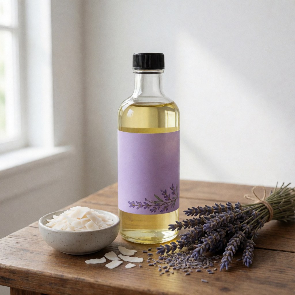 Bouteille d'huile de lavande et coco sur table en bois avec fleurs et copeaux, idéale pour massages relaxants.