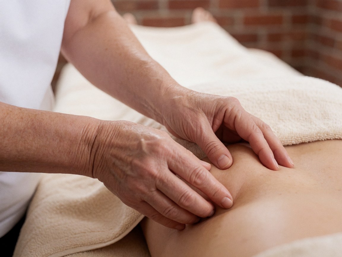 Détails d'une technique de massage utilisant du jasmin, mettant en valeur les mains du thérapeute et l'huile essentielle sur la peau.