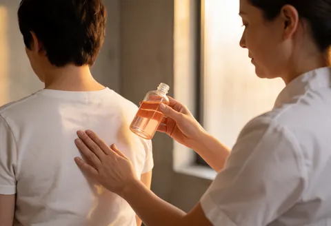 Un thérapeute applique de l'huile sur le dos d'un client dans un cadre lumineux et apaisant pour une séance de relaxation.