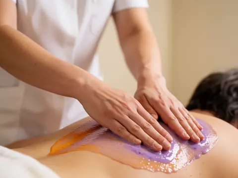 Des mains expertes versent une huile aux arômes de lavande, orange et coco sur le dos d'un client dans un cadre apaisant.