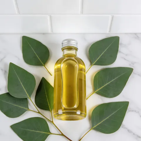 Une bouteille transparente contenant de l'huile d'eucalyptus posée sur une surface en marbre blanc, évoquant le bien-être et la relaxation.