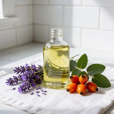 Une bouteille en verre contenant de l'huile de massage aux huiles essentielles de rose musquée et d'eucalyptus, posée sur une surface claire.