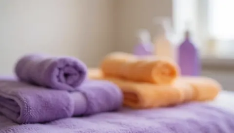 Arrière-plan de spa moderne avec serviettes violettes et oranges et bouteilles floues, idéal pour textes de massage et traitement, ambiance relaxante et douce.