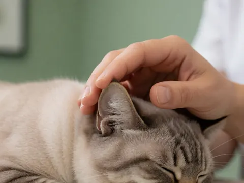 Gros plan sur la main d'un professionnel effectuant un reiki sur l'oreille d'un chat au pelage doux, dans un environnement relaxant avec un fond vert.