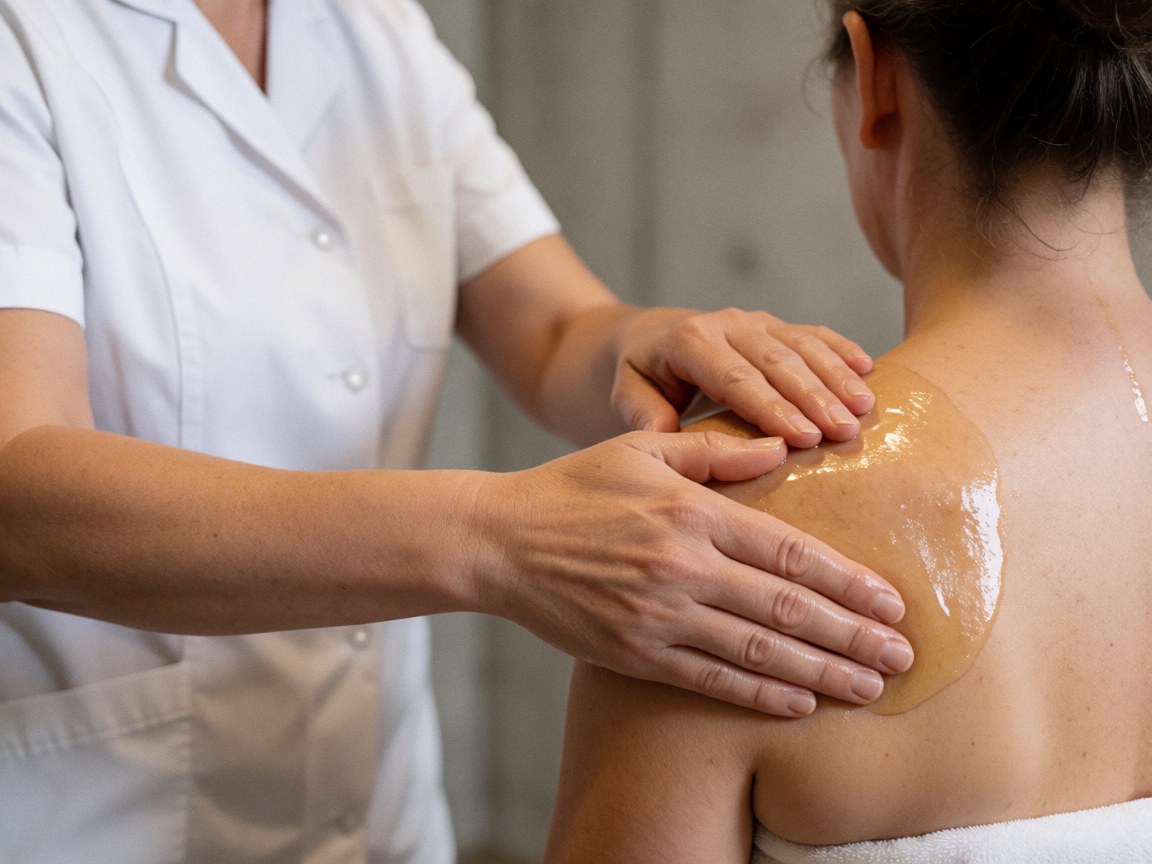 Mains expertes du thérapeute en mouvement appliquant de l'huile sur l'épaule du client. Le praticien porte un uniforme blanc dans un espace à la lumière chaude et au décor minimaliste.