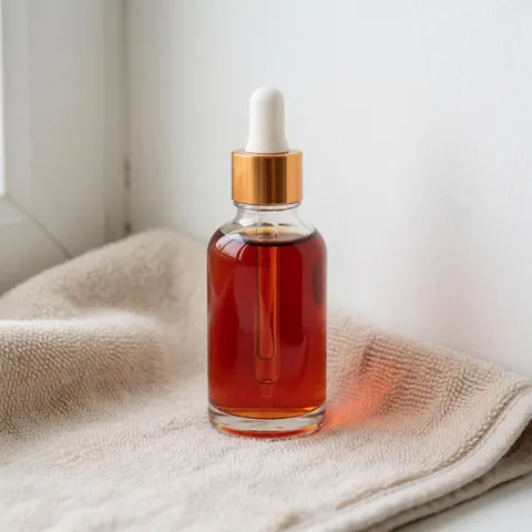 Une petite bouteille en verre teintée de couleur ambre, équipée d'un bouchon-pipette en caoutchouc noir et en verre, contenant de l'huile de rose musquée pure pour les soins de la peau.