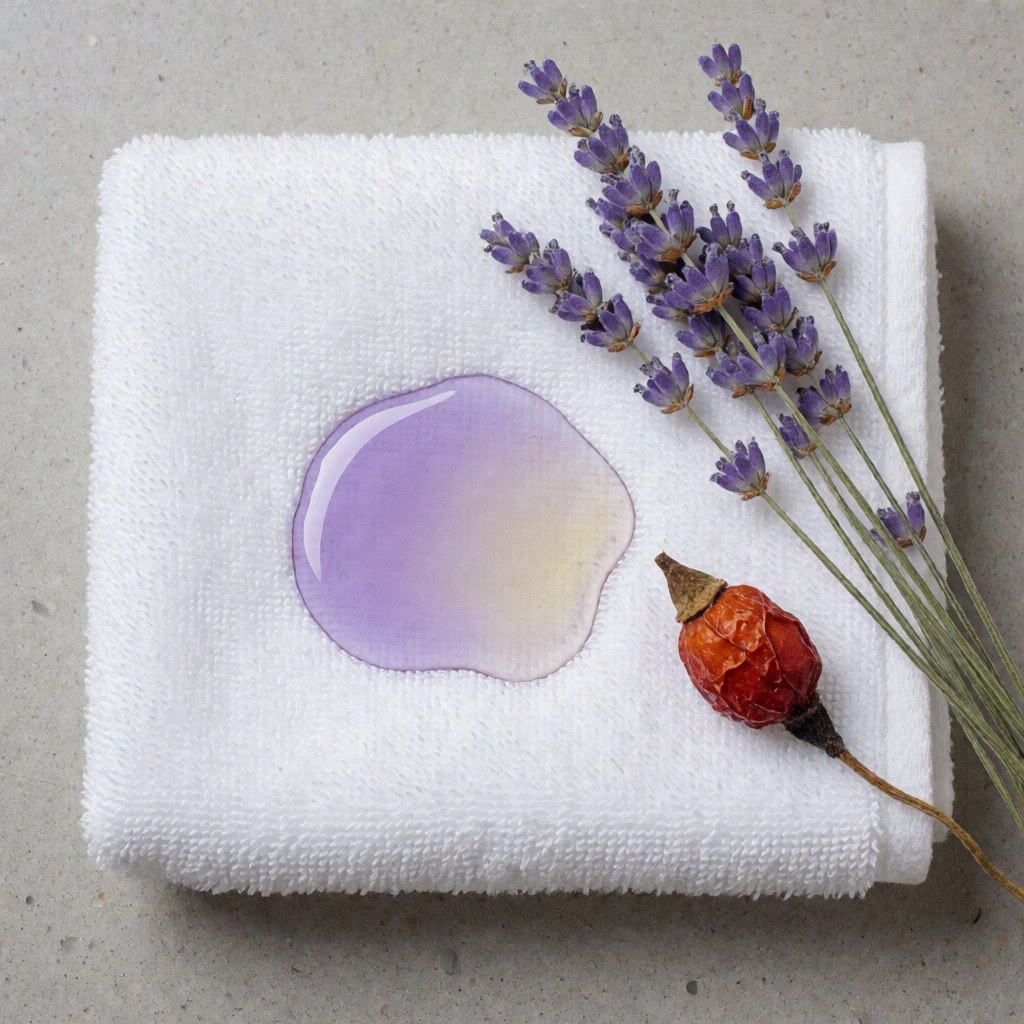Serviette blanche pliée avec une goutte d'huile et des branches de lavande et d'églantier, idéale pour les massages relaxants et les soins naturels.
