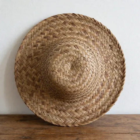 Un chapeau de paille tressé à la main est posé sur une surface en bois, mettant en valeur le travail artisanal et la texture naturelle du matériau.