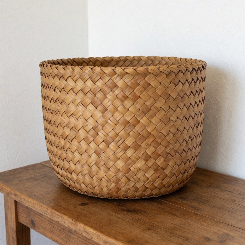 Un panier rond en paille naturelle posé sur une surface claire, offrant une vue détaillée de la texture tissée et des tons bruns.