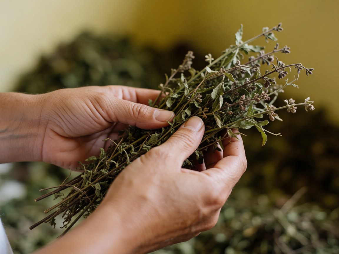 Gros plan sur des mains tenant un bouquet d'herbes séchées utilisées en thérapie énergétique, avec un bracelet et une texture naturelle visible.