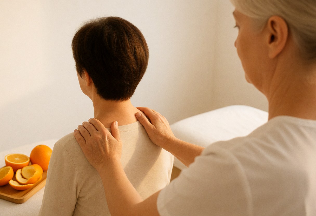 Un thérapeute réalise un massage suédois sur les épaules d'un client dans un cadre chaleureux et professionnel, utilisant de l'huile d'orange.