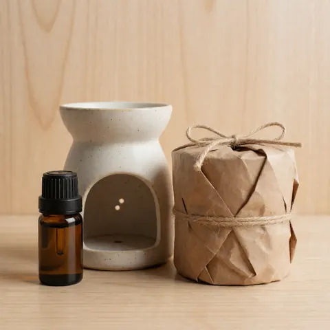 Kit d'aromathérapie comprenant un diffuseur céramique, une bouteille d'huile essentielle et une bougie enveloppée de papier kraft sur une table en bois clair.