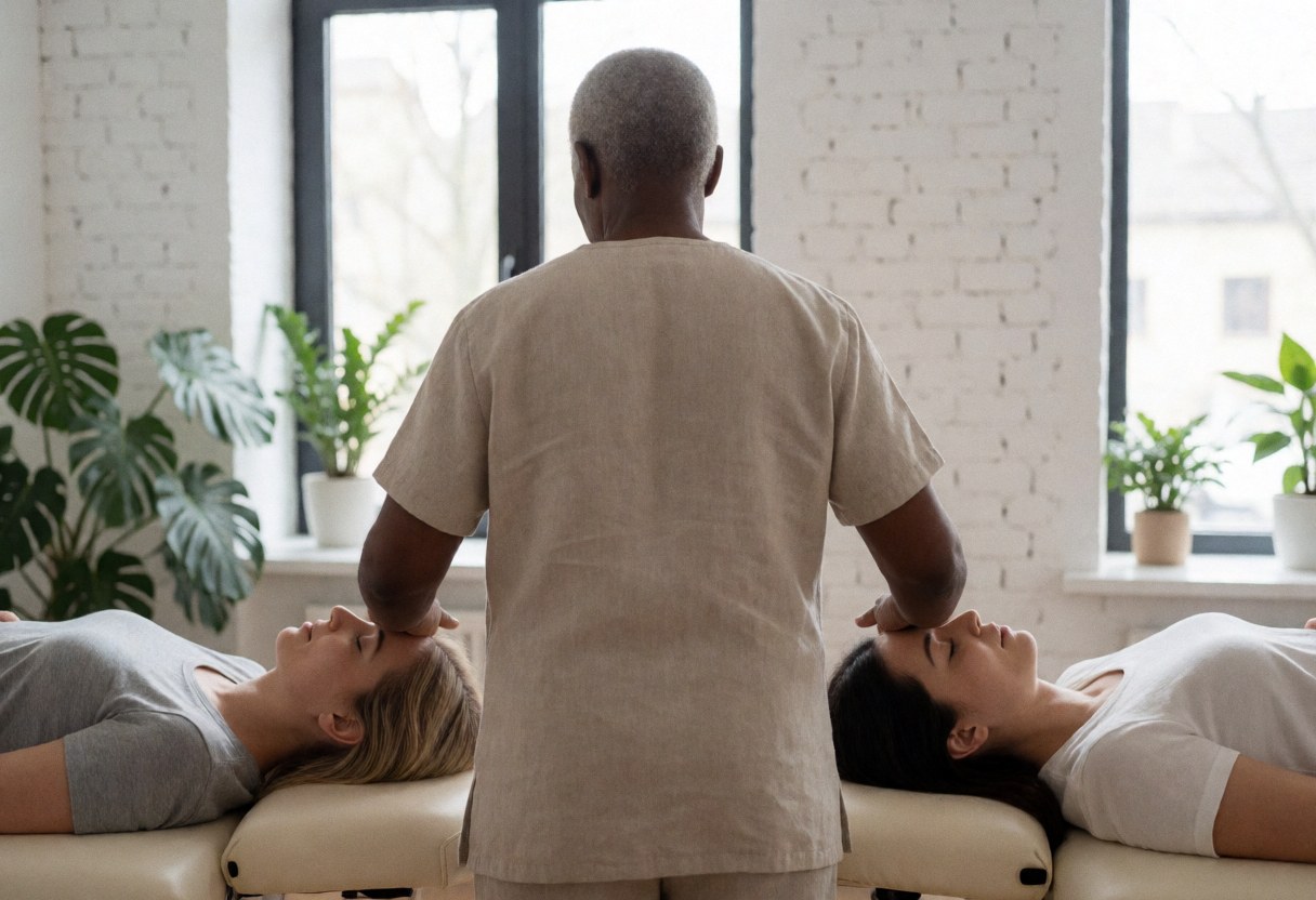 Un thérapeute de reiki effectue une séance sur la tête de deux clients allongés sur des lits de massage dans un espace lumineux avec plantes et murs blancs.