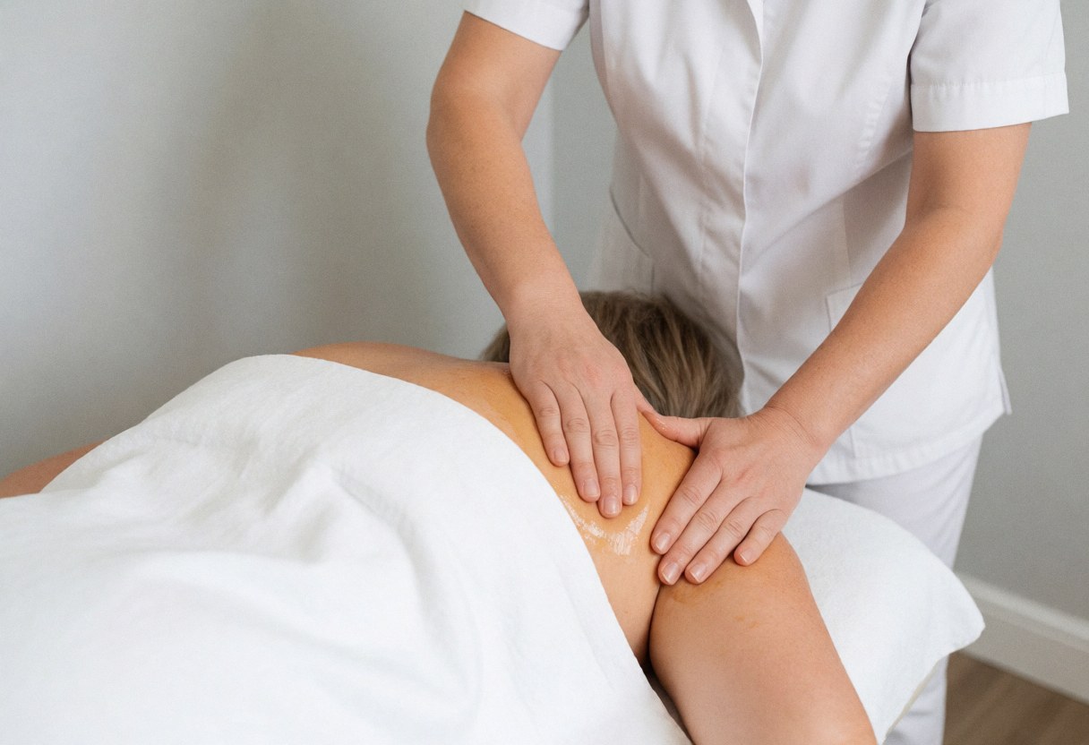 Thérapeute effectue un massage suédois sur le dos d'un client couvert d'une serviette blanche, mains travaillant avec précision dans un environnement professionnel et relaxant.