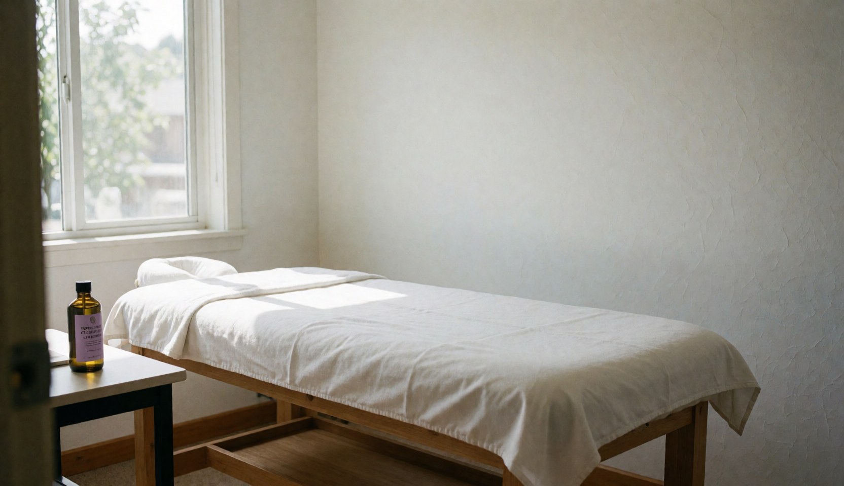 Salle de massage vide avec lit en bois recouvert de draps blancs, une bouteille d'huile sur une table près d'une fenêtre laissant entrer la lumière naturelle.