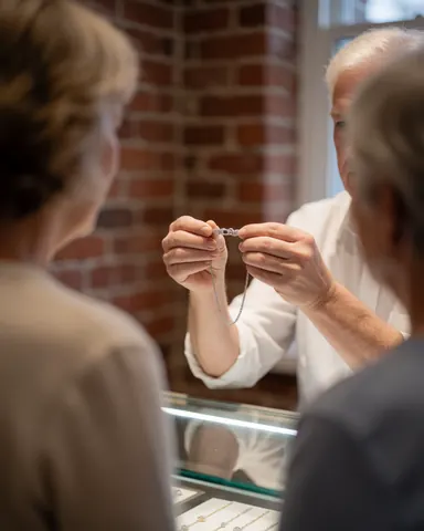 Prise de vue rapprochée des mains d'un client recevant un collier réparé, illustrant la satisfaction du service de réparation de bijoux.