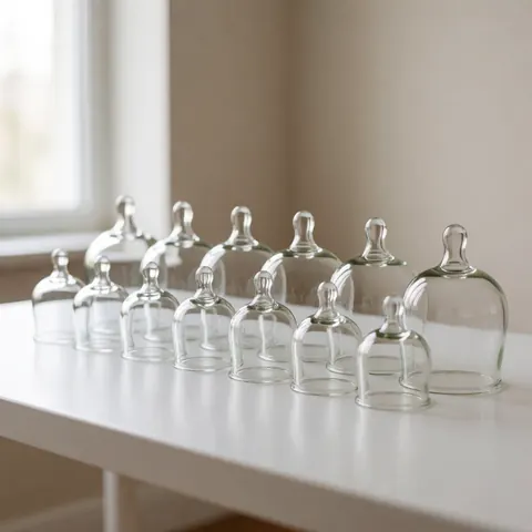 Des vases de ventouse en verre posés sur une table blanche dans un environnement lumineux et propre, évoquant la thérapie et le bien-être.