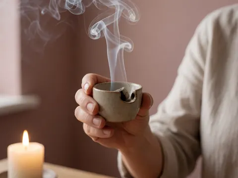 Une main tient un brûleur en céramique émettant de la fumée blanche, avec une bougie allumée et un mur rose en arrière-plan.
