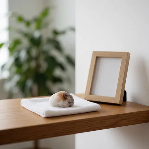 Kit de reiki à distance composé d'un cristal, d'un tissu blanc et d'un cadre posés sur une étagère en bois, éclairage naturel, plante en arrière-plan, idéal pour un catalogue en ligne.