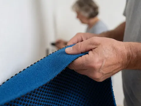 Vue rapprochée d'un tapis antidérapant noir et blanc avec une texture en points, posé sur un sol intérieur pour la sécurité domestique.