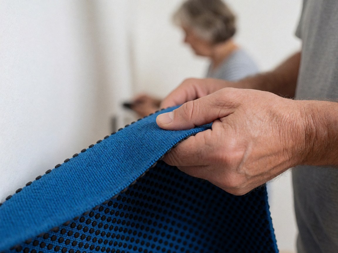 Vue rapprochée d'un tapis antidérapant noir et blanc avec une texture en points, posé sur un sol intérieur pour la sécurité domestique.