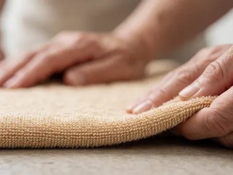 Gros plan montrant la texture fine d'un tissu en fibres de bambou posé sur une serviette, évoquant le bien-être et les soins corporels.