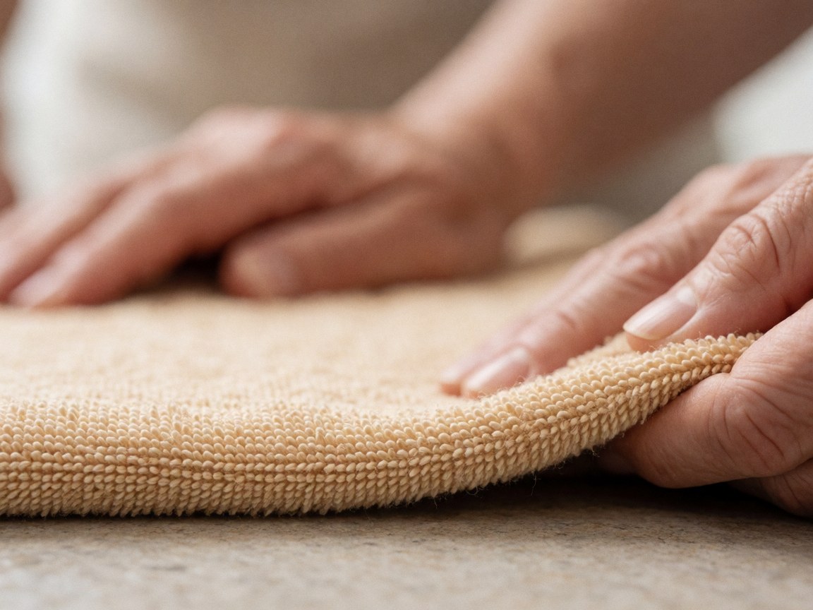 Gros plan montrant la texture fine d'un tissu en fibres de bambou posé sur une serviette, évoquant le bien-être et les soins corporels.