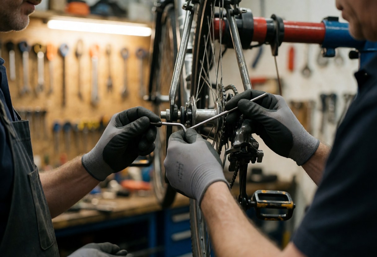 Deux mécaniciens en gants règlent le câble du changement de vitesse d'un vélo dans un atelier, avec des outils en arrière-plan et une profondeur de champ réduite.