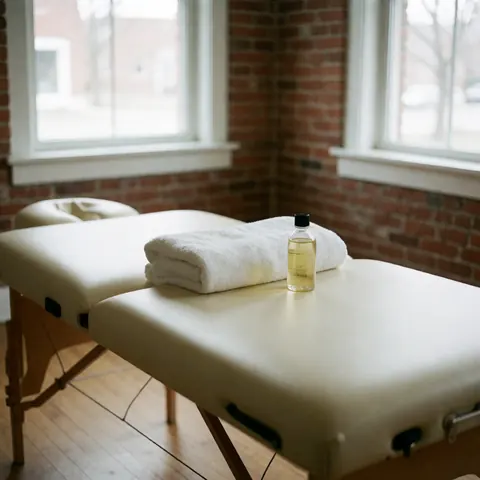 Une table de massage professionnelle prête à l'emploi, recouverte d'une serviette blanche et accompagnée d'une bouteille d'huile de massage, posée devant un mur de briques et une fenêtre.