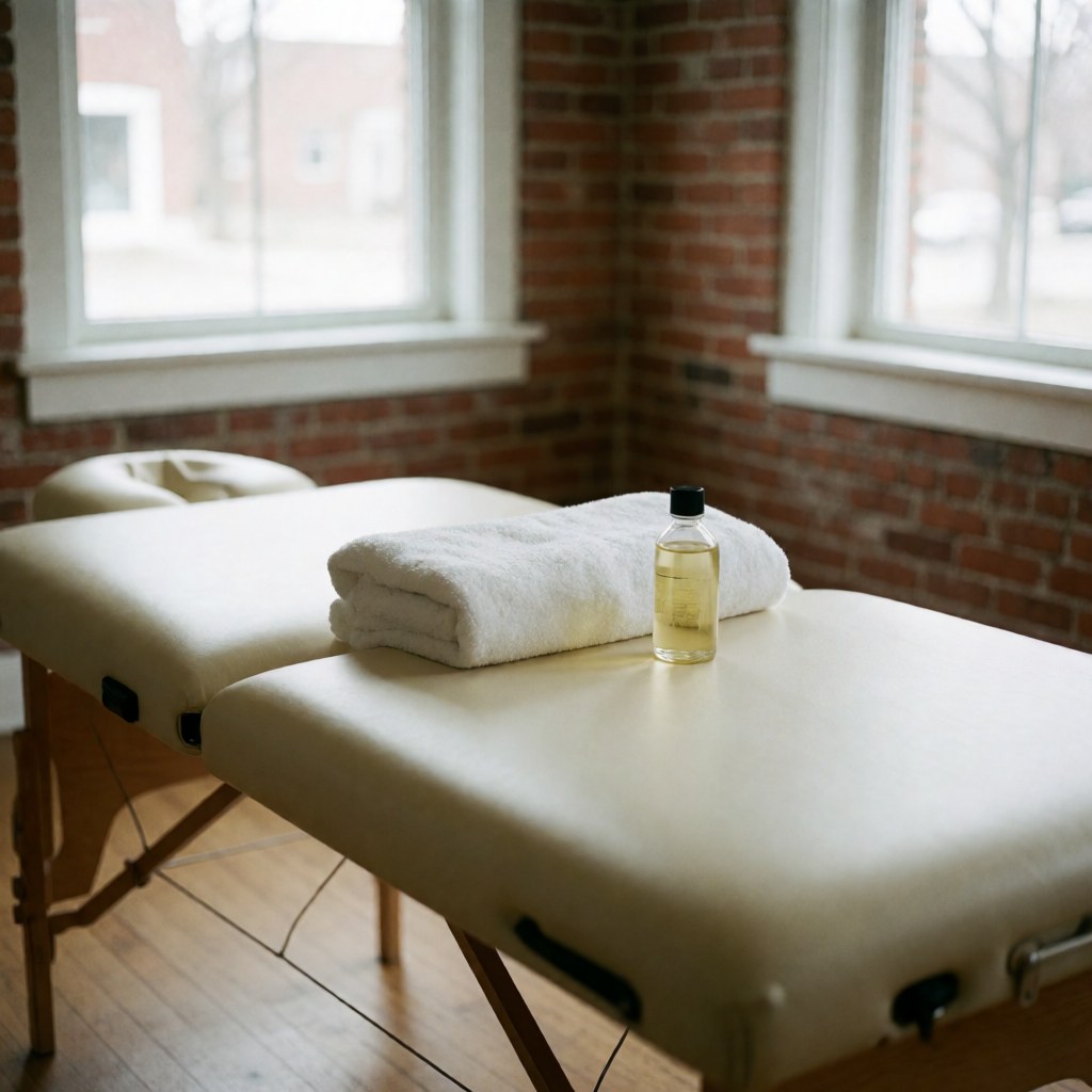Une table de massage professionnelle prête à l'emploi, recouverte d'une serviette blanche et accompagnée d'une bouteille d'huile de massage, posée devant un mur de briques et une fenêtre.