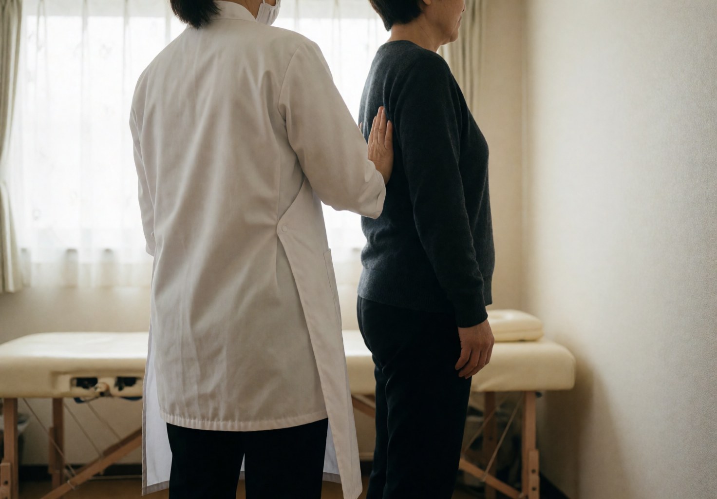 Un thérapeute en blouse blanche pose sa main sur le dos nu d'un client allongé pour évaluer sa posture dans un cabinet lumineux.