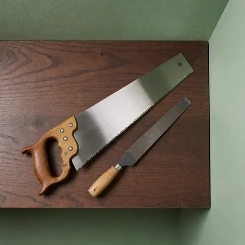 Scie à main et papier abrasif triangulaire posés sur une table en bois sombre avec un fond vert et un éclairage professionnel.
