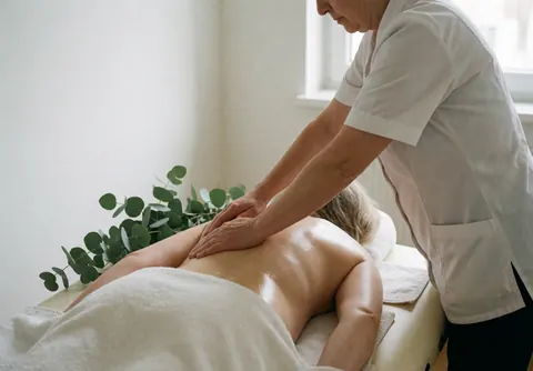 Un thérapeute professionnel réalise un massage relaxant avec de l'huile d'eucalyptus sur le dos d'un client dans un cadre spa.