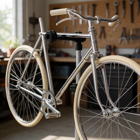 Cadre en acier chromé d'un vélo vintage posé sur un support pour réparation. Roues avec pneus crème, outils suspendus au mur et lumière naturelle dans un atelier propre.