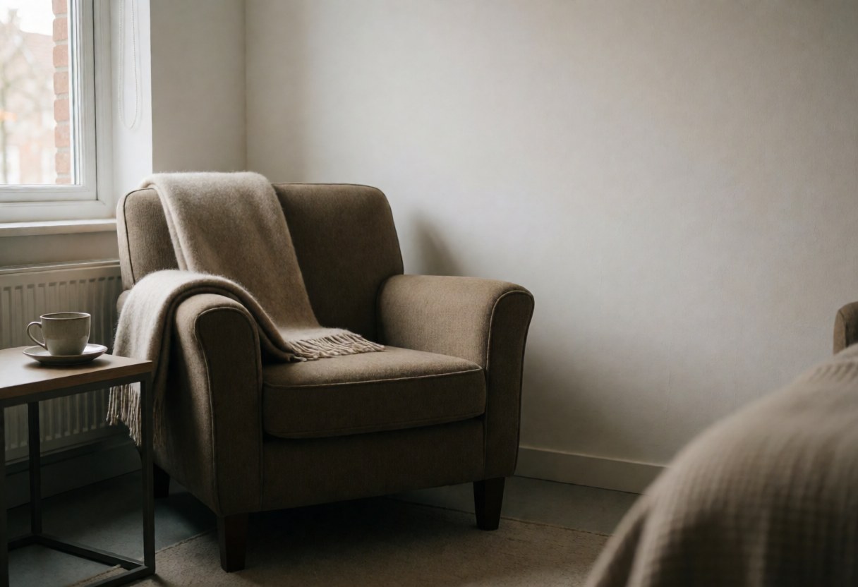Un fauteuil confortable avec une couverture et une tasse posée sur une petite table près d'une fenêtre, créant une ambiance relaxante et chaleureuse.