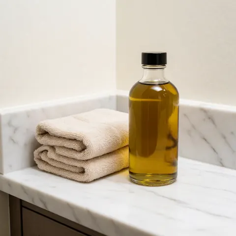 Bouteille d'huile de massage et serviettes blanches disposées sur une surface en marbre, évoquant le bien-être et la détente.