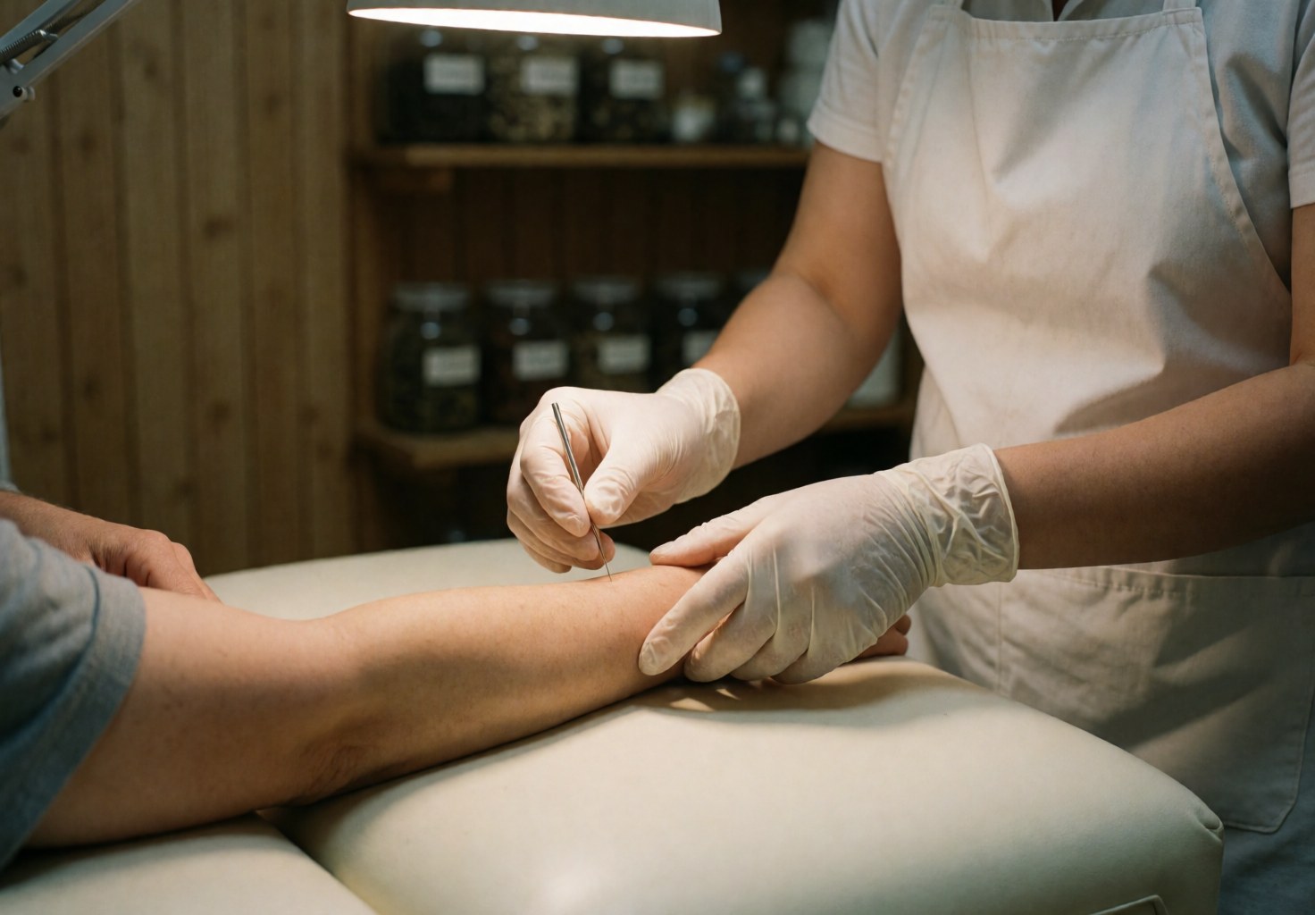 Mains gantées du praticien insérant une fine aiguille dans le bras du patient. Arrière-plan avec jarres d'herbes et mur en bois. Ambiance propre et professionnelle.