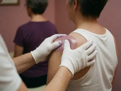 Mains gantées du thérapeute massant l'épaule avec une huile violette dans un cadre professionnel et apaisant.