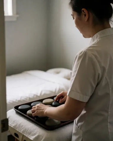 Équipement de massage disposé sur une table avec des pierres chaudes et du linge blanc, prêt pour une séance de bien-être en spa.