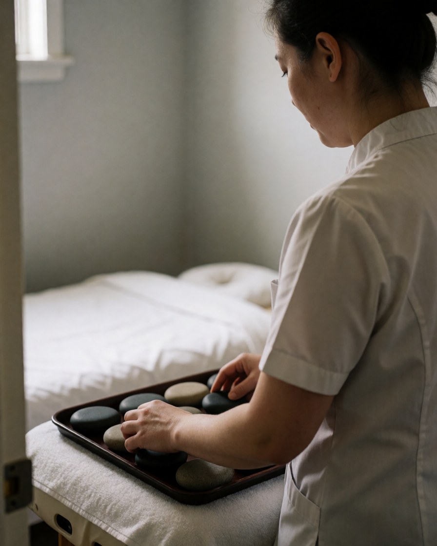 Équipement de massage disposé sur une table avec des pierres chaudes et du linge blanc, prêt pour une séance de bien-être en spa.