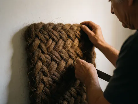 Gros plan sur la texture détaillée d'une fibre naturelle de coco, mettant en évidence les détails du matériau brut.