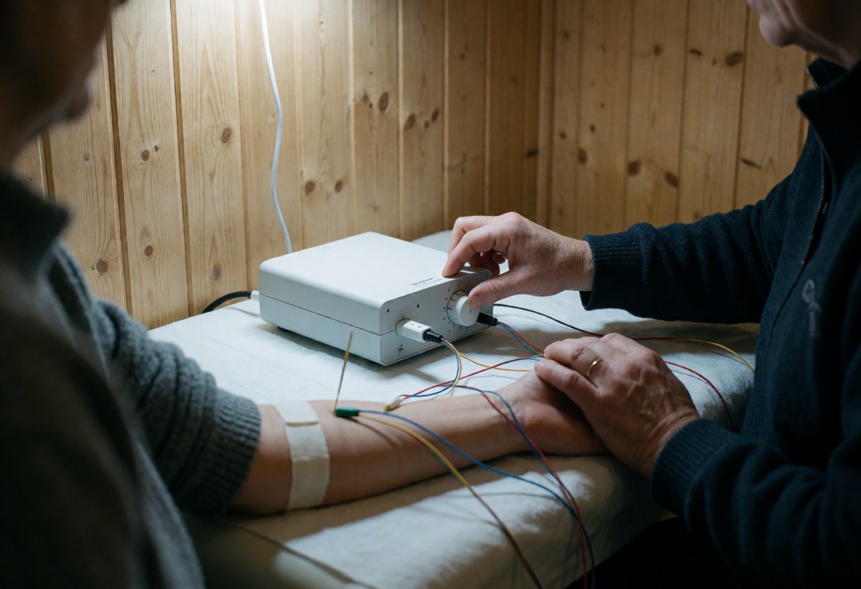 Professionnel ajustant un dispositif d'électroacupuncture connecté aux aiguilles sur le bras d'un client dans une clinique aux murs en bois.