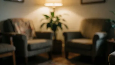 Intérieur d'un espace d'attente confortable avec des fauteuils, une plante verte et une lumière douce créant une ambiance relaxante pour la réflexion.