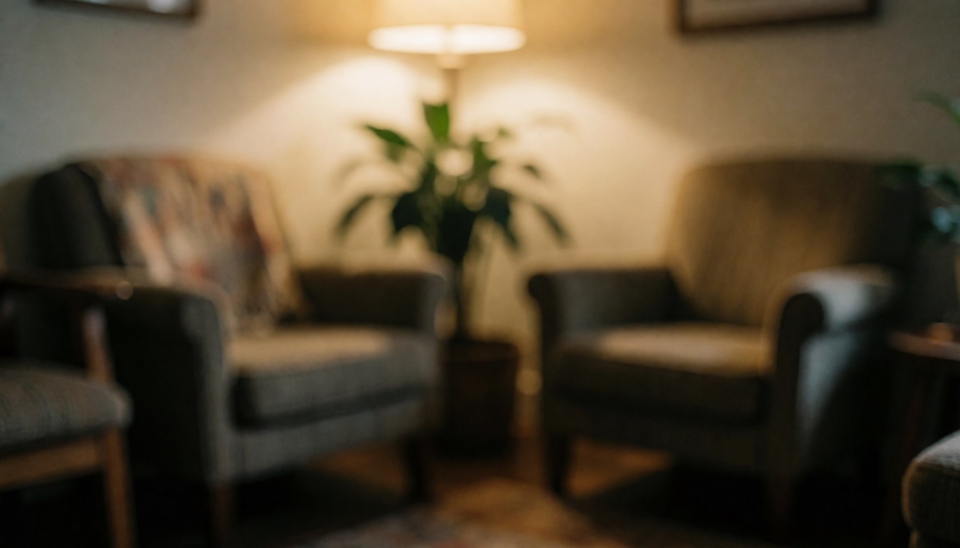 Intérieur d'un espace d'attente confortable avec des fauteuils, une plante verte et une lumière douce créant une ambiance relaxante pour la réflexion.
