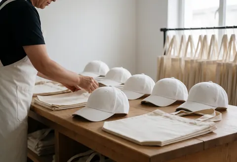 Un professionnel en tablier organise des casquettes blanches et des sacs en toile sur une table en bois, avec des cintres de marchandises en arrière-plan, éclairé par la lumière naturelle.