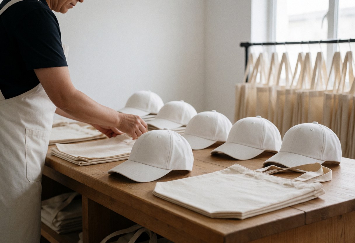 Un professionnel en tablier organise des casquettes blanches et des sacs en toile sur une table en bois, avec des cintres de marchandises en arrière-plan, éclairé par la lumière naturelle.