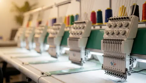 Vue rapprochée d'une station de travail de broderie avec des bobines de fil colorées prêtes pour la personnalisation de vêtements et la création de logos.