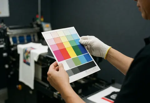 Un technicien en gant blanc compare une charte de couleurs à un t-shirt imprimé sur une machine industrielle pour assurer la qualité.