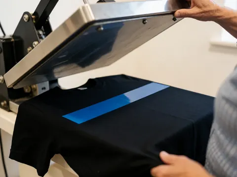 Presse thermique appliquée sur un t-shirt noir avec du vinyle bleu. Mains en action dans un atelier, fond blanc.