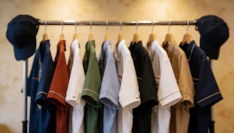 Un portemanteau présentant une variété d'uniformes sur mesure incluant des casquettes et des vêtements de travail pour employés ou équipes.